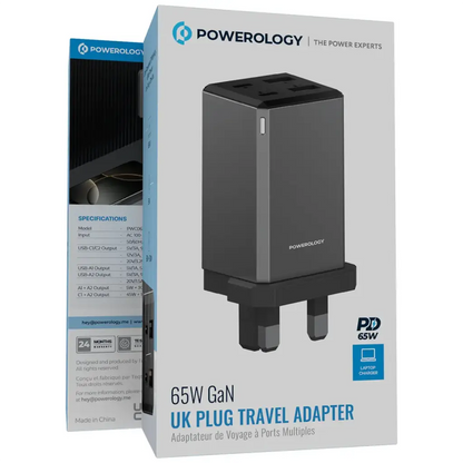 Powerology 65W GaN UK Plug Travel Adapter - Grey