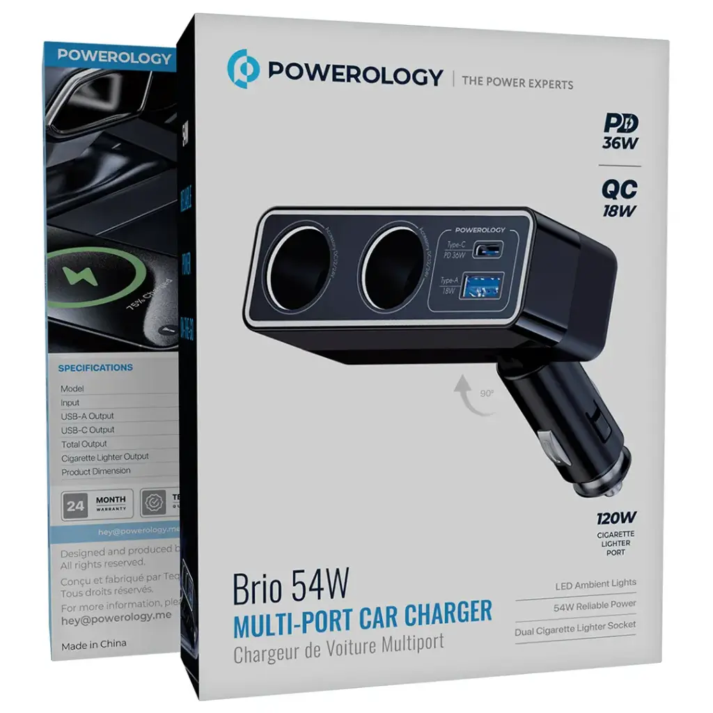 Powerology Brio 54W Multi-Port Car Charger - Black
