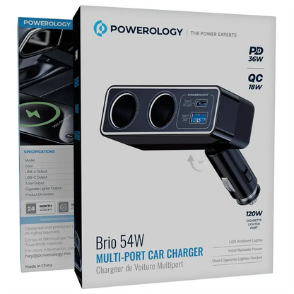 Powerology Brio 54W Multi-Port Car Charger - Black
