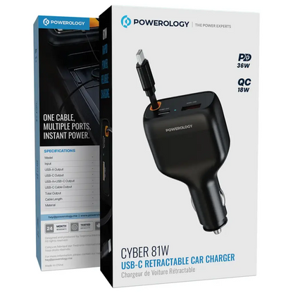 Powerology Cyber 81W USB-C Retractable Car Charger - Black