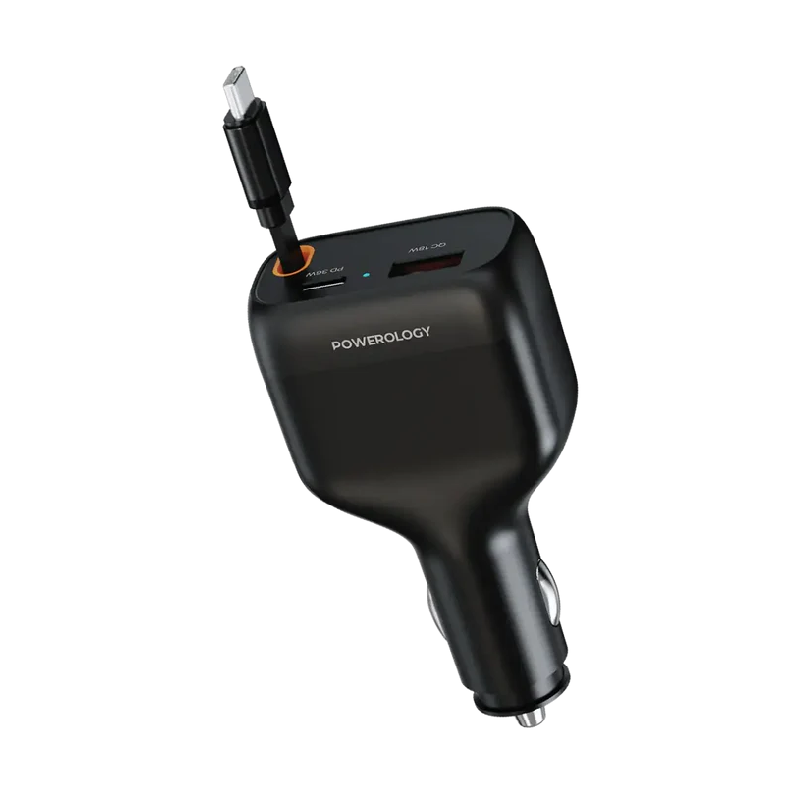 Powerology Cyber 81W USB-C Retractable Car Charger - Black