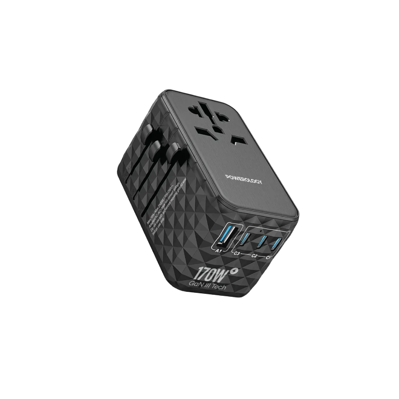Powerology GaN 170W Universal Charger with 4-Ports Fast Charging + Ac - Black