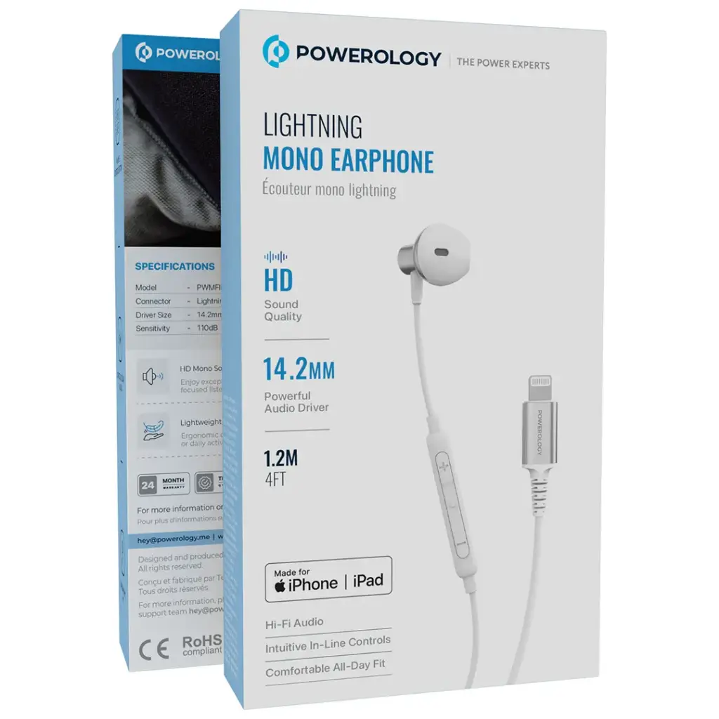 Powerology Lightning Mono Earphone for iPhone and iPad - White