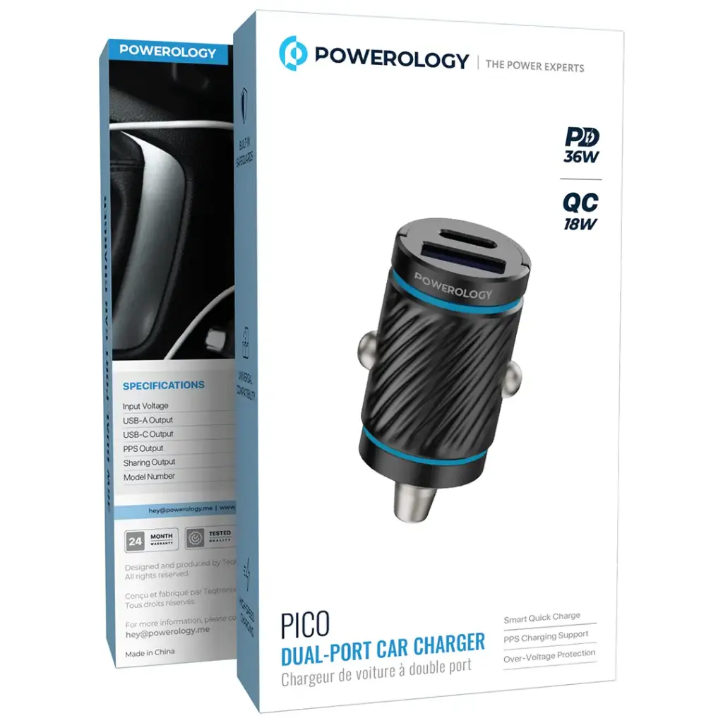 Powerology Pico Dual-Port Car Charger - Black