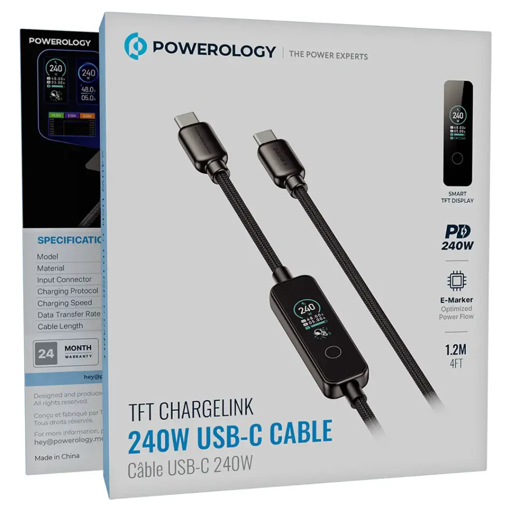 كابل باورولوجي TFT شحن سريع 240 واط USB-C - أسود
