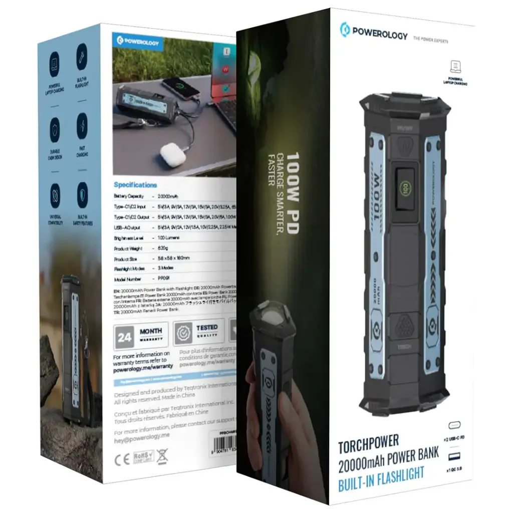 Powerology TorchPower 20000mAh Power Bank with Built-In Flashlight - Black