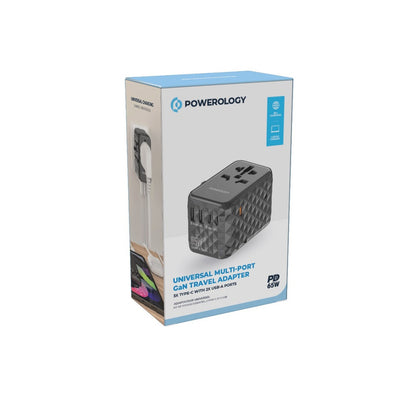 Powerology Universal Multi-Port Travel Adapter PD 65W ( 3X Type-C / 2X USB-A Ports )