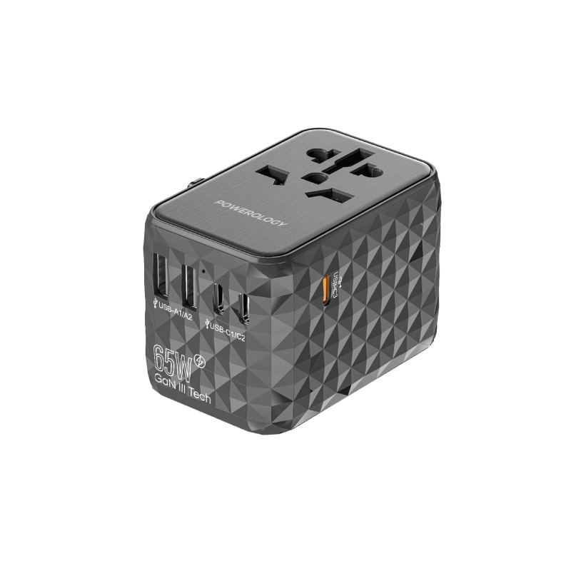 محول سفر عالمي متعدد المنافذ باورولوجي PD 65 واط ( 3 منافذ تايب سي / 2 منفذ USB-A )