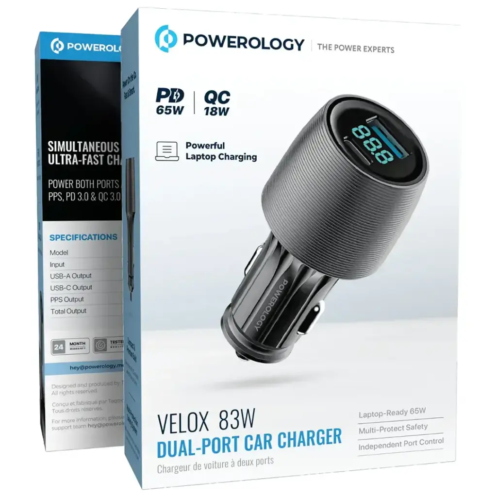 Powerology Velox 83W Dual-Port Car Charger - Black