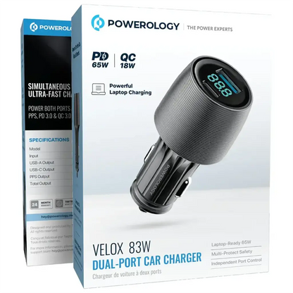 Powerology Velox 83W Dual-Port Car Charger - Black