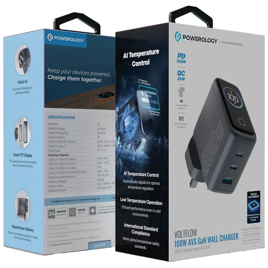 Powerology Voltflow 100W AVS GaN Wall Charger - Gray