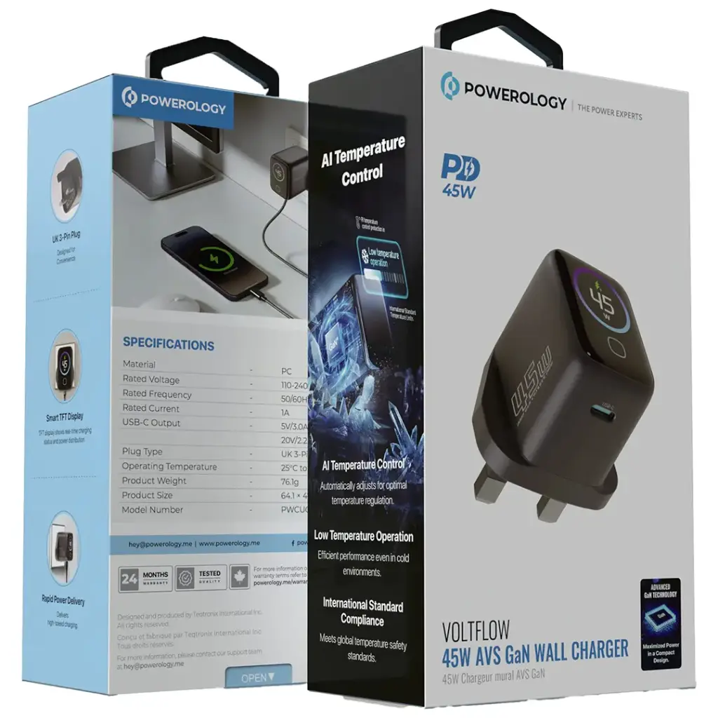 Powerology Voltflow 45W AVS GaN Wall Charger - Gray