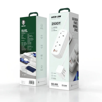 شريط الطاقة جرين لايون GS-600 USB-C | USB-A | 2*مقابس تيار متردد بريطانية PD 30W - أبيض